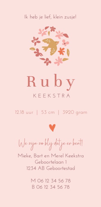 Geboortekaartje meisje dieren Ruby Roze